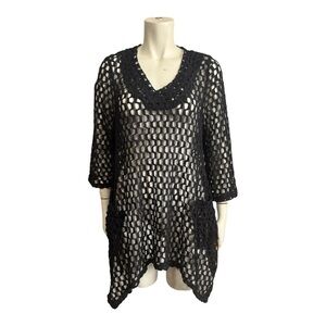 CARINA Black Cotton Asymmetrical Crochet Swim Cover-Up Pockets Women’s Large